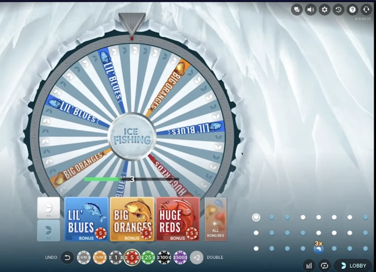 Interface do Ice Fishing demo com a roda e o painel de apostas