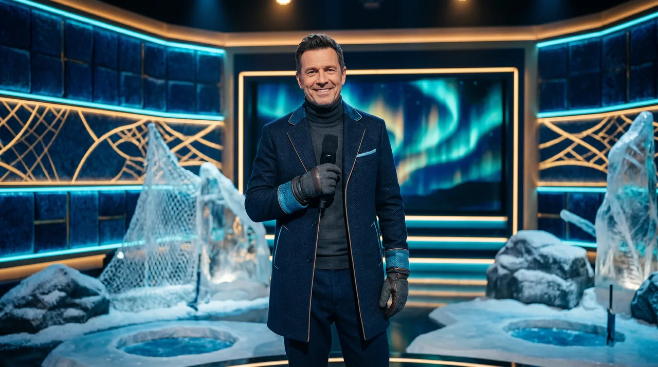 Apresentador do Ice Fishing no estúdio ártico da Evolution