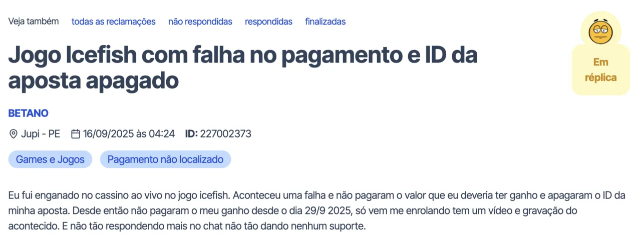 Reclamação sobre Ice Fishing na Betano no Reclame Aqui — caso 1